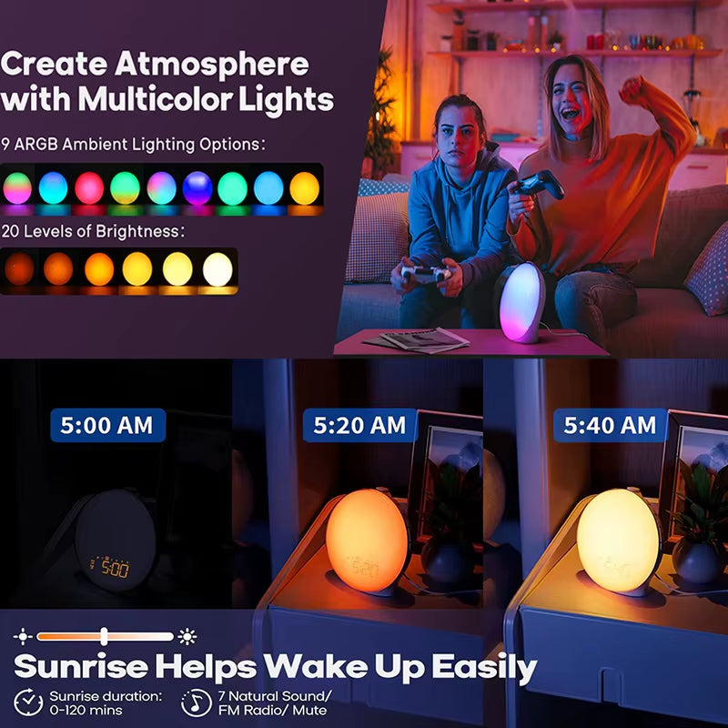 Wake up Light Alarm Clock Sunrise/Sunset Simulation Digital Clock with Night Light FM Radio Desk Clocks