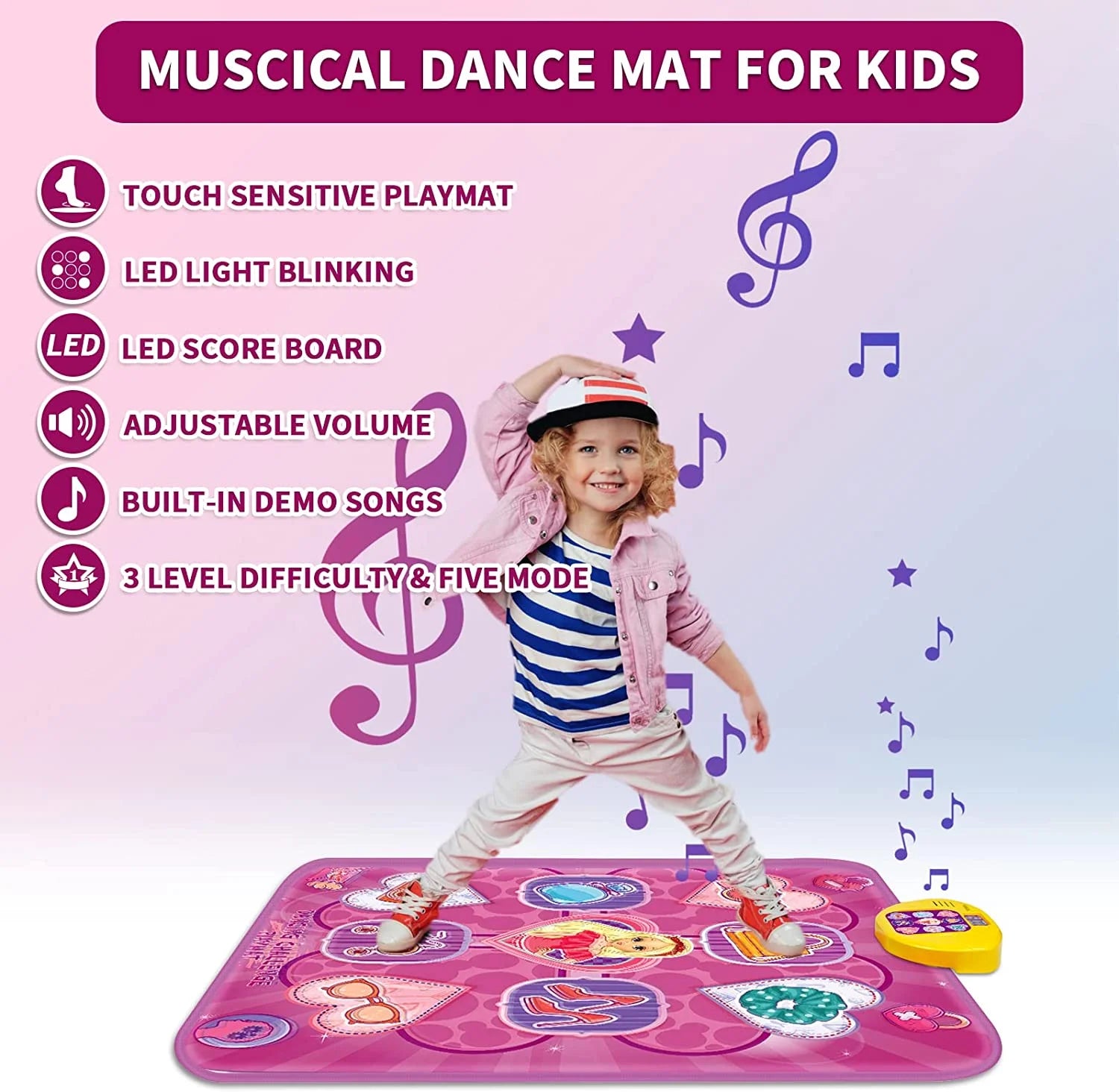 Musical Dance Play Mat, Kids Electronic Dance Pad Toy with LED Lights, 5 Game Modes Dancing Mat Birthday Gifts for Age 3-10 Year Old Girls (Purple)