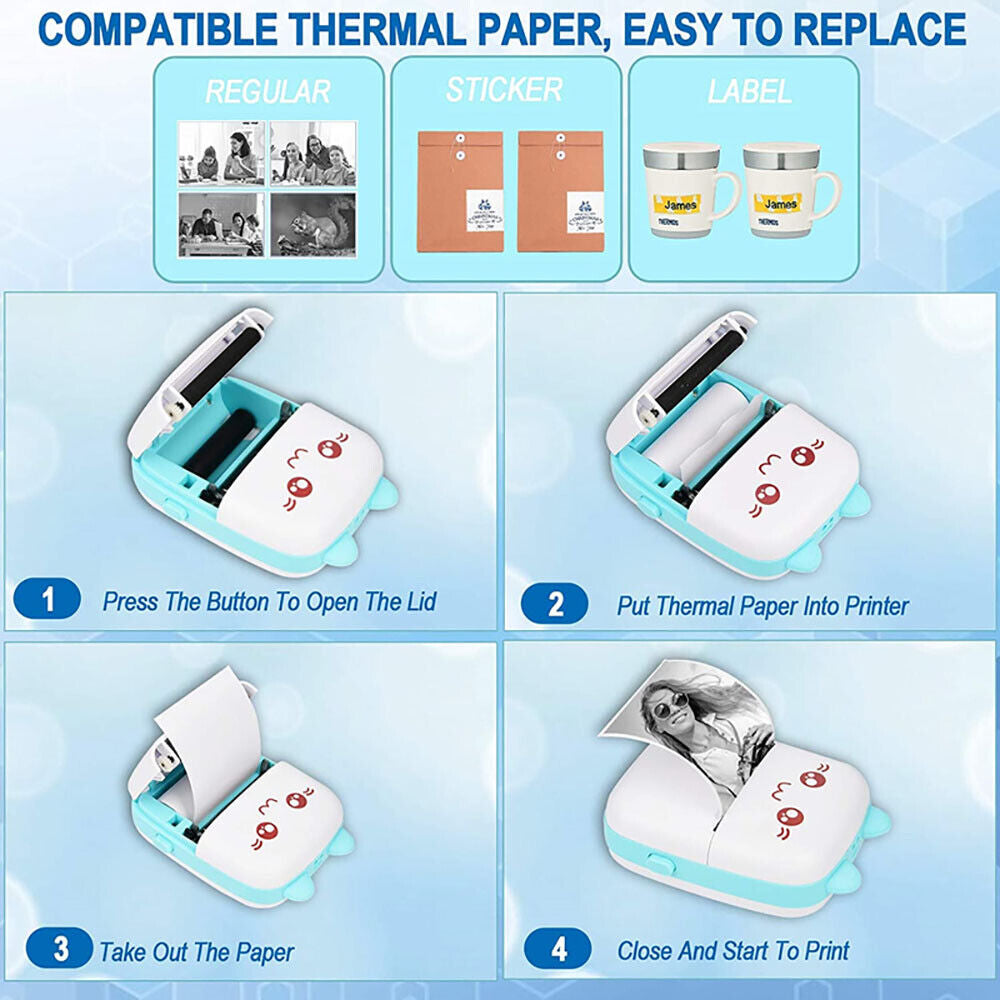 Portable Mini Thermal Printer Pocket Photo Printer Wireless Bluetooth w/ Paper Rolls