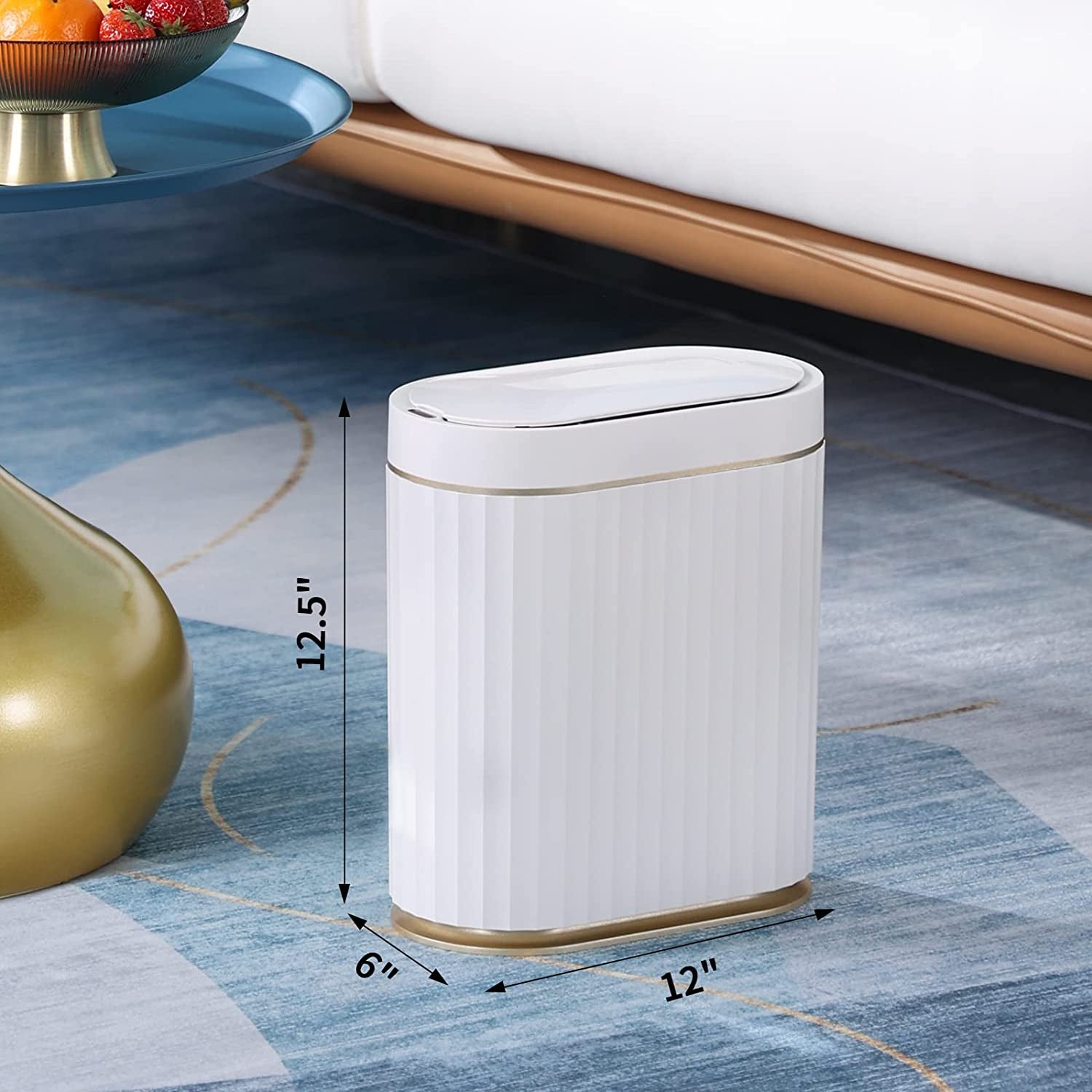 Automatic Motion Sensor Trash Can - 2 Gallon Slim-line for Bathroom, Bedroom, Kitchen, Office - White with Gold Trim