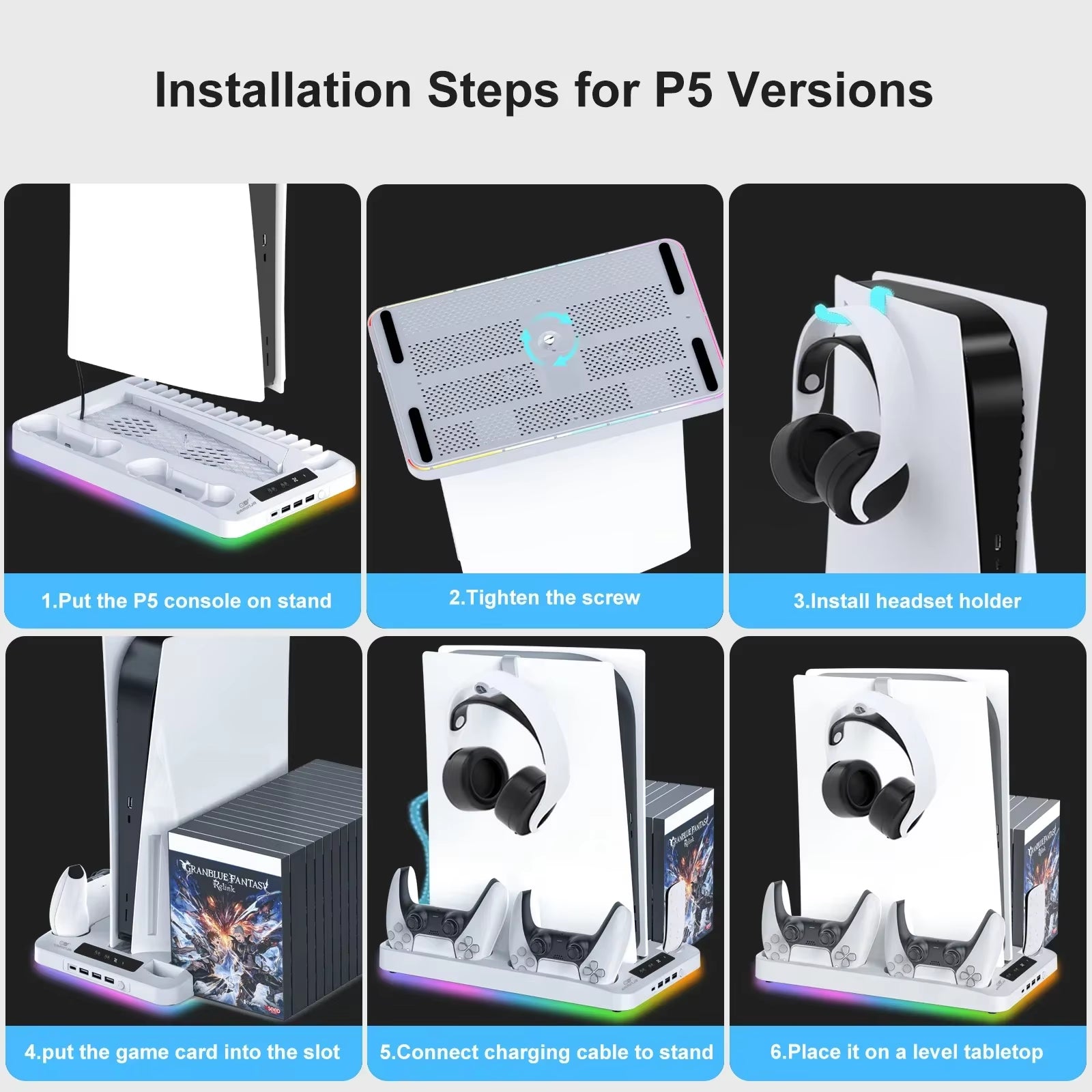 P58 RGB Cooling Stand for PS5 Slim Console Gamepad Charging Base Headset Hook Game CD Storage Rack for PS5 Disc&Digital