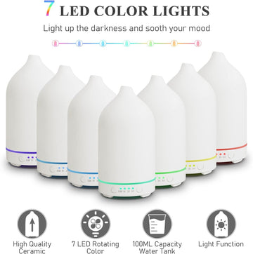 Essential Oil Diffuser Aromatherapy Diffuser - 150Ml Ceramic Ultrasonic Cool Mist Aroma Diffuser, Whisper Quiet with Waterless Auto Shut-Off, 4 Timer Setting &7 Colors Night Light for Home Office