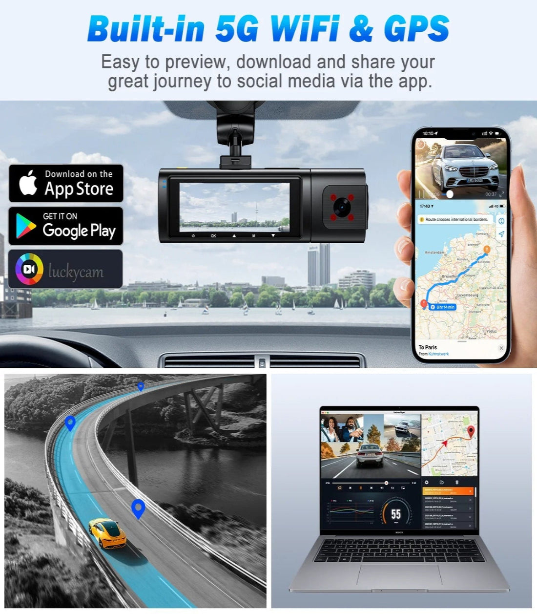 Dash Cam Front and Rear, 4K/1080P Full HD Dash Camera with Built-In Wifi GPS, Super Night Vision, WDR, 24H Parking Mode, 32GB Card Included