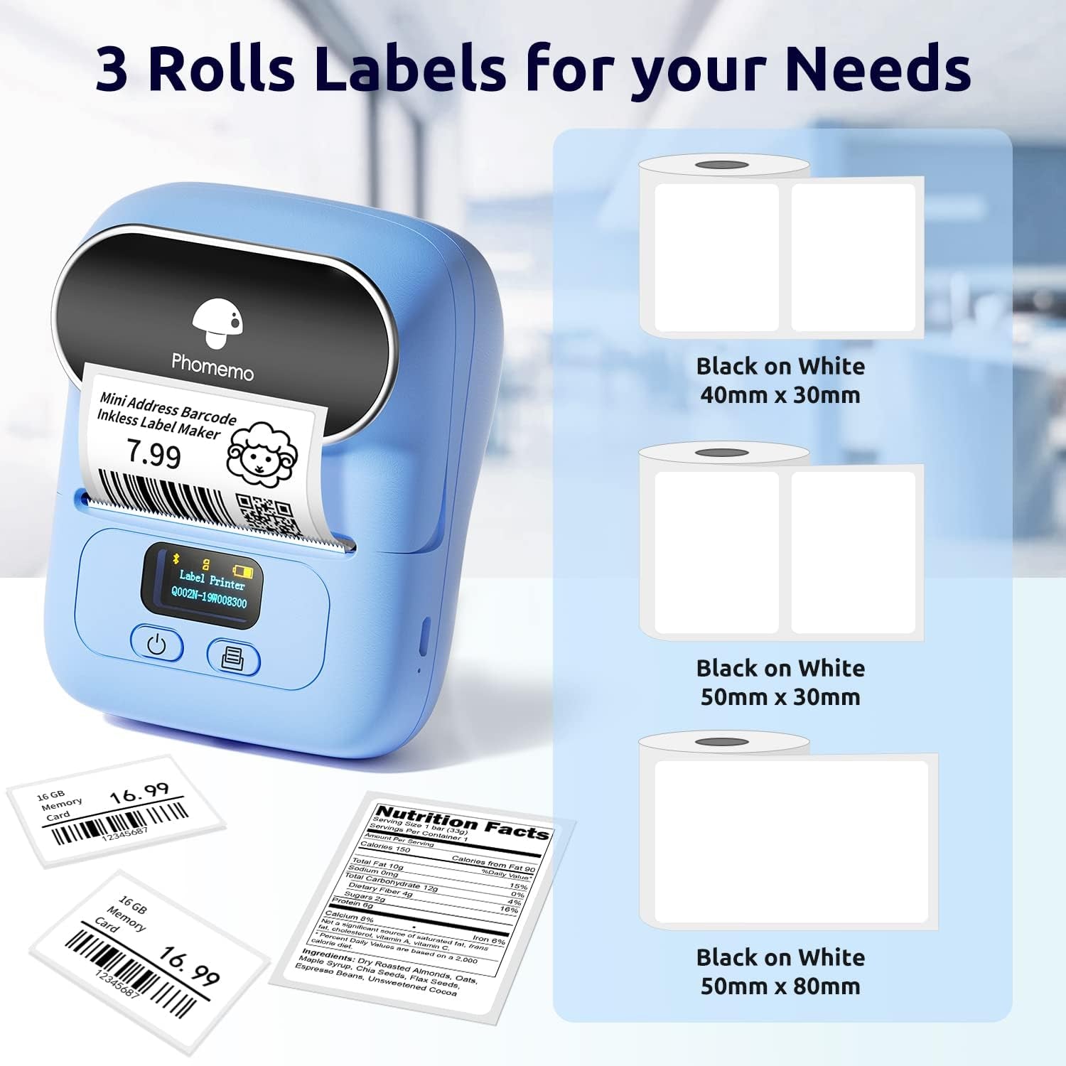 Label Maker with 3 Labels- M110 Portable Bluetooth Label Maker Machine for Small Business, Barcode, Address, Logo, Clothing, Jerwery, Compatible with Ios & Android, Blue