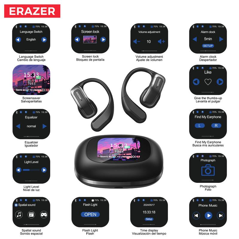 ERAZER XP3 True Wireless OWS Earphones with Full Color Screen Display Charging Case, Open Ear Bluetooth Headphones with Mic, Hifi Sound Headsets for Mobile Phone