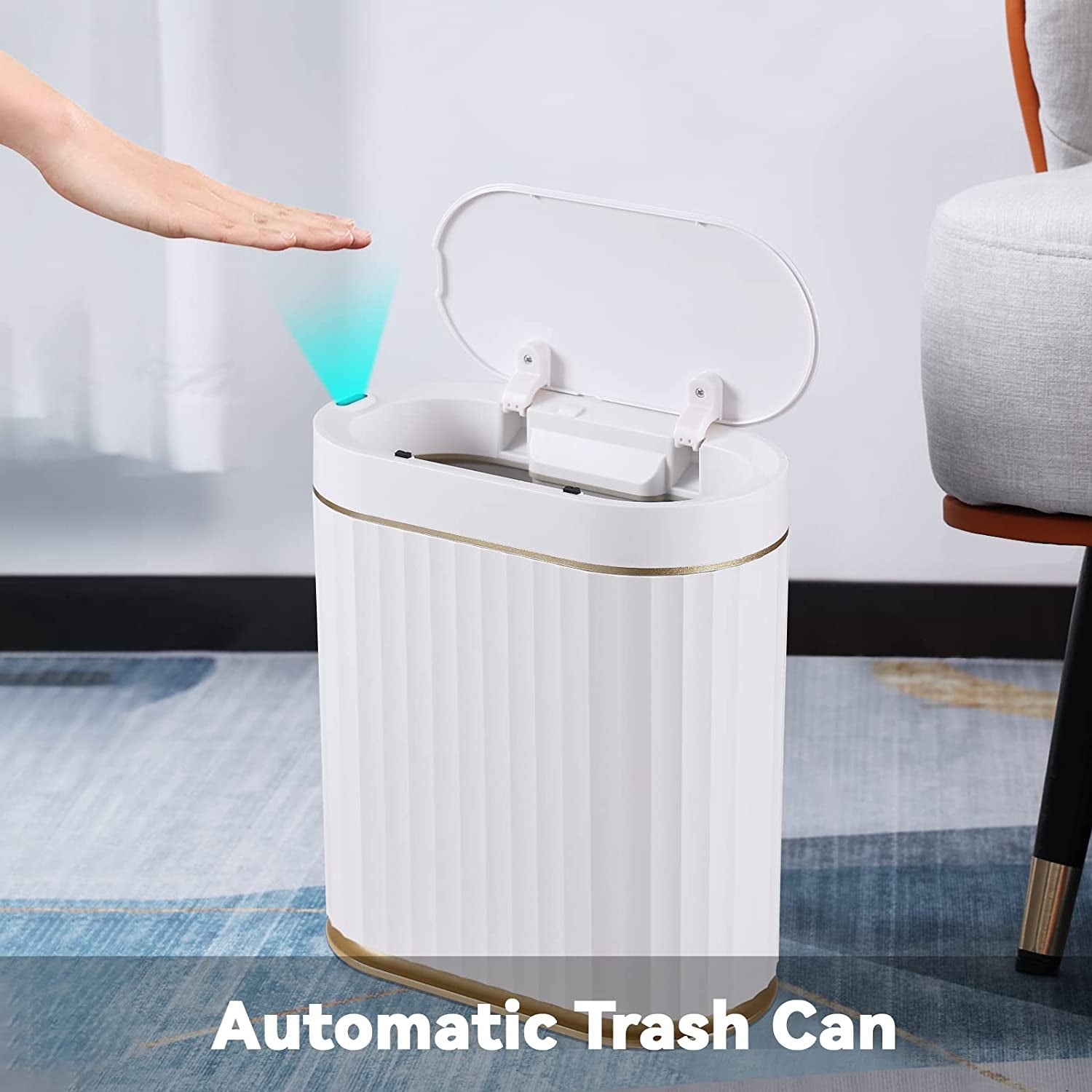 Automatic Motion Sensor Trash Can - 2 Gallon Slim-line for Bathroom, Bedroom, Kitchen, Office - White with Gold Trim