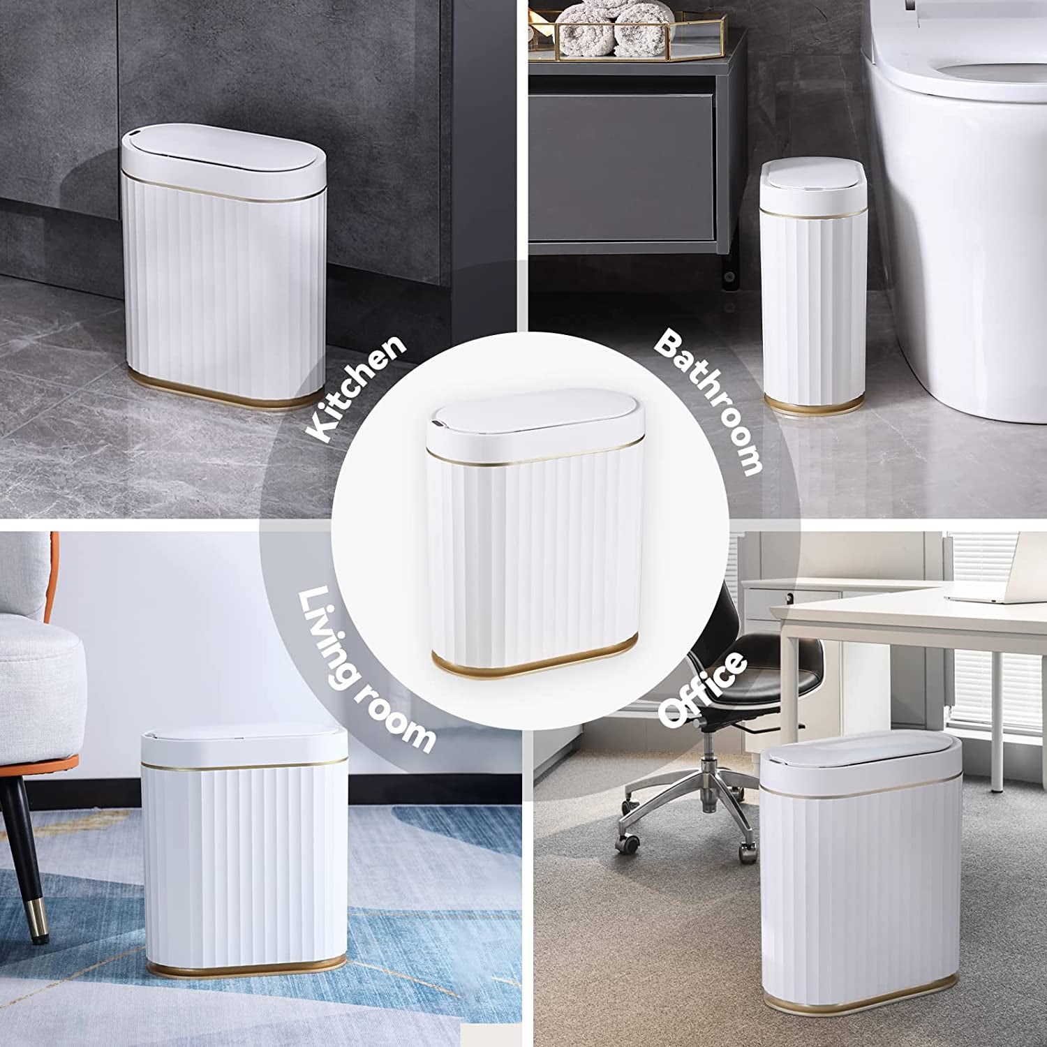 Automatic Motion Sensor Trash Can - 2 Gallon Slim-line for Bathroom, Bedroom, Kitchen, Office - White with Gold Trim