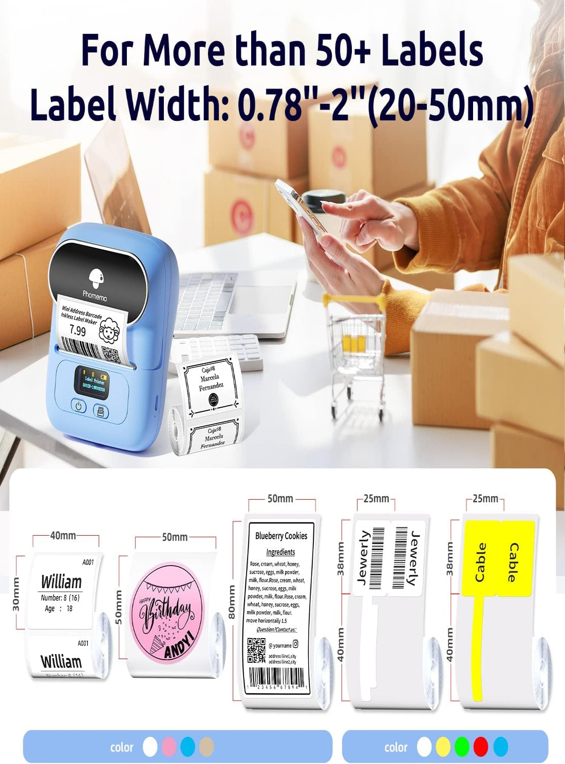 Label Maker with 3 Labels- M110 Portable Bluetooth Label Maker Machine for Small Business, Barcode, Address, Logo, Clothing, Jerwery, Compatible with Ios & Android, Blue