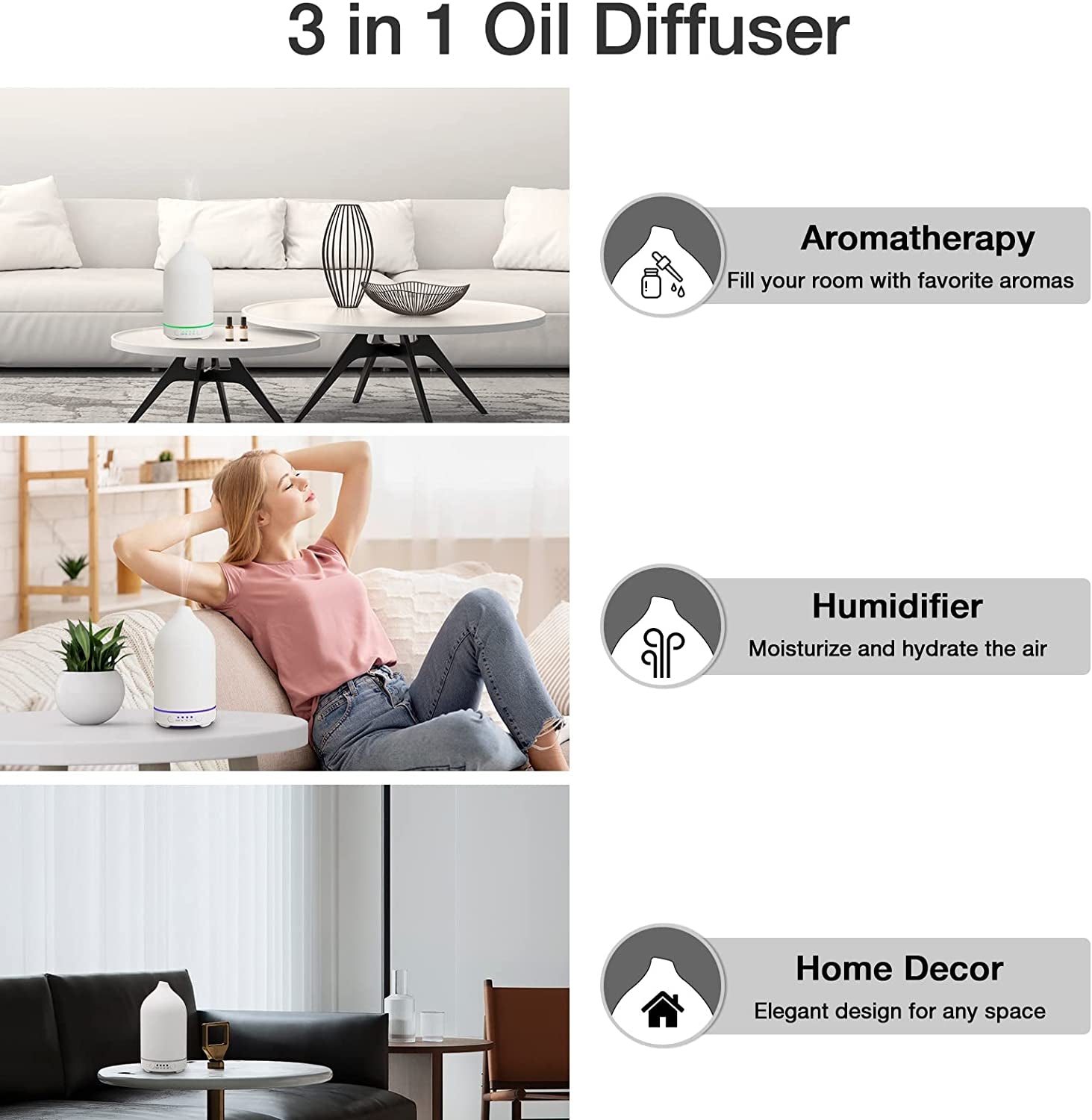 Essential Oil Diffuser Aromatherapy Diffuser - 150Ml Ceramic Ultrasonic Cool Mist Aroma Diffuser, Whisper Quiet with Waterless Auto Shut-Off, 4 Timer Setting &7 Colors Night Light for Home Office