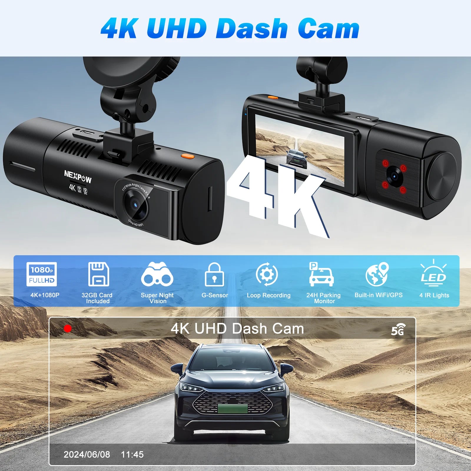 Dash Cam Front and Rear, 4K/1080P Full HD Dash Camera with Built-In Wifi GPS, Super Night Vision, WDR, 24H Parking Mode, 32GB Card Included