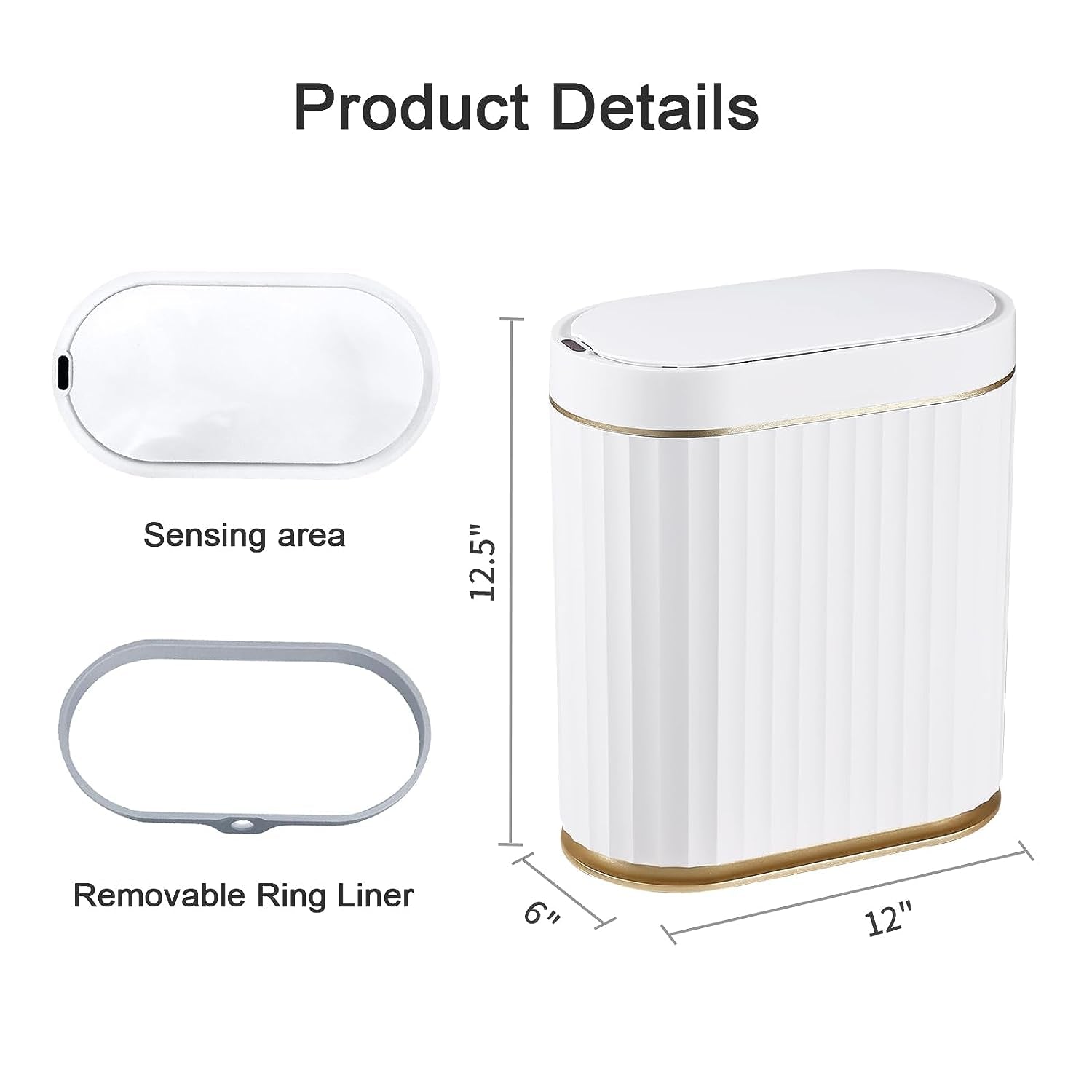 Automatic Motion Sensor Trash Can - 2 Gallon Slim-line for Bathroom, Bedroom, Kitchen, Office - White with Gold Trim