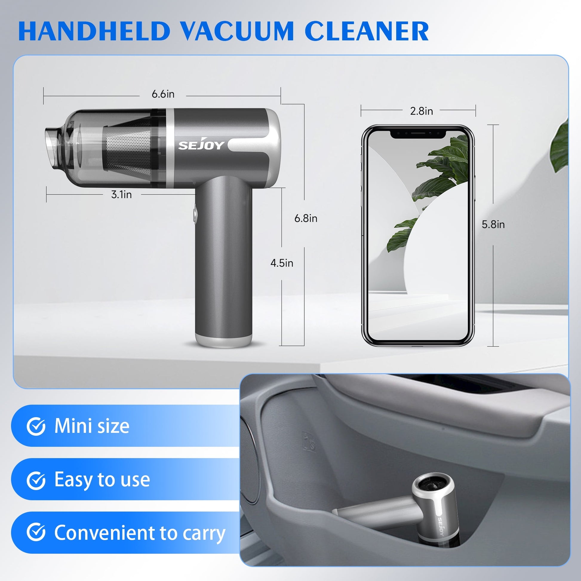 Cordless Car Vacuum Cleaner, 3 in 1 Portable Handheld High Power, Multi-Nozzles for Vehicle, Home, Office, Pet