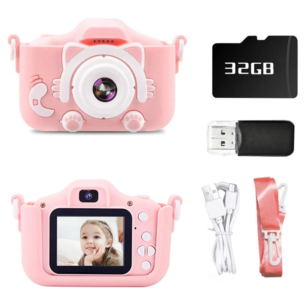 Kids Camera, Digital Camera with 1080P Video, Chritmas Birthday Festival Gifts Selfie Camera for Kids Toddler with 32GB Memory Card, Pink Color