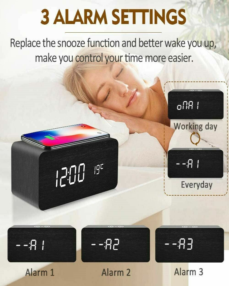 Modern Wooden Digital LED Desk Alarm Clock, Thermometer & Qi Wireless Charger 