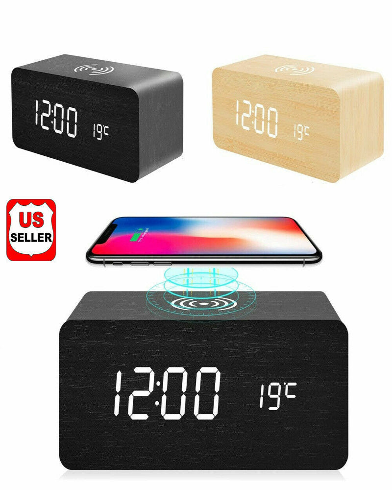 Modern Wooden Digital LED Desk Alarm Clock, Thermometer & Qi Wireless Charger 